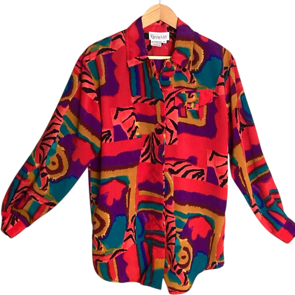 Vintage Christie & Jill Abstract Print Button Down Blouse‎ Shoulder Pads 80s